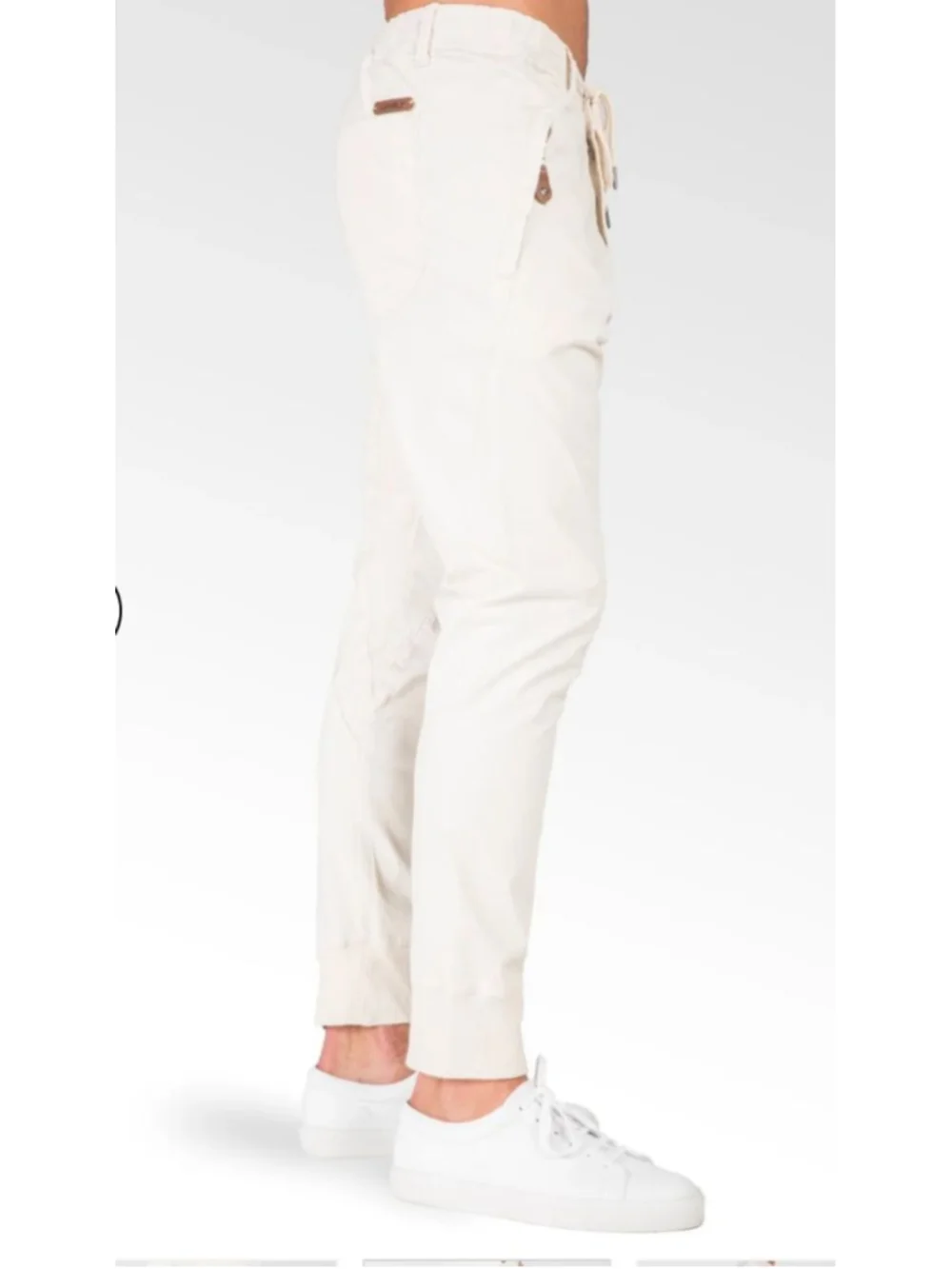 Relaxed Ecru Premium Stretch Twill Drop Crotch Jogger Jeans Zipper Pocket. SZ 34